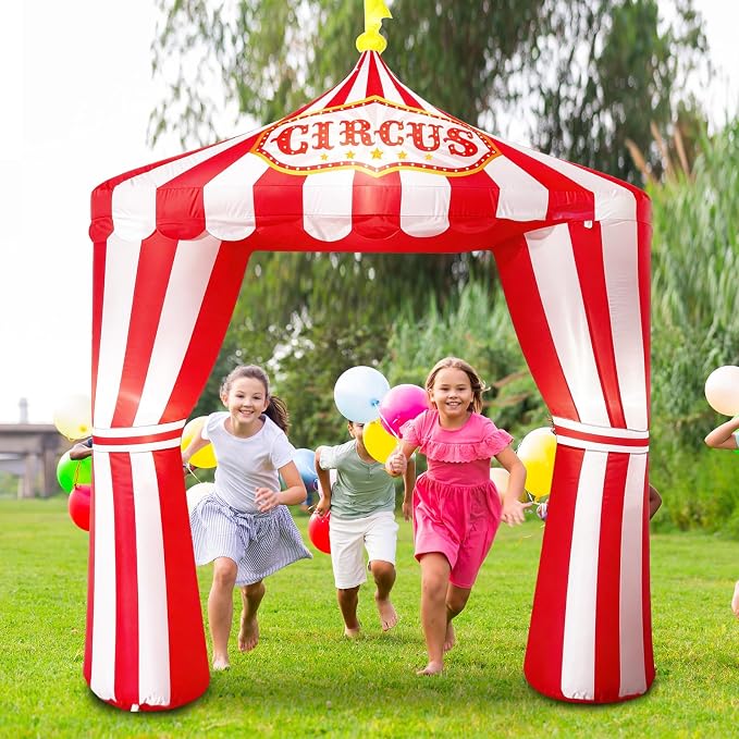 10ft Carnival Circus Tent Party Decorations, Red and White Striped Inflatable Arch with Build in LED Lights, Blow Up Tent for Circus Carnival Halloween Themed Birthday Party Decorations