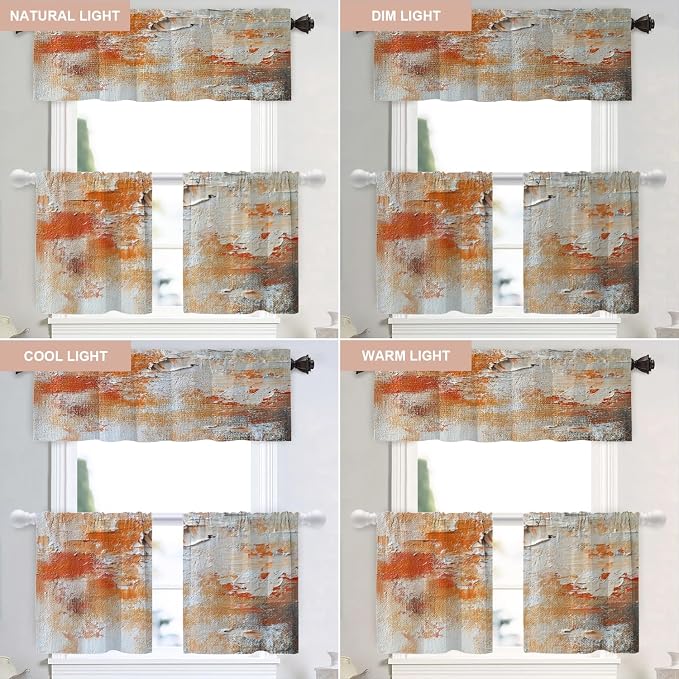 Shrahala Brushstrokes of Paint Blackout Curtain Tiers, Orange Grey Canvas Texture Kitchen Valance Light Blocking Tier Drapes with Rod Pocket, 2 Pack 26 X 24 in