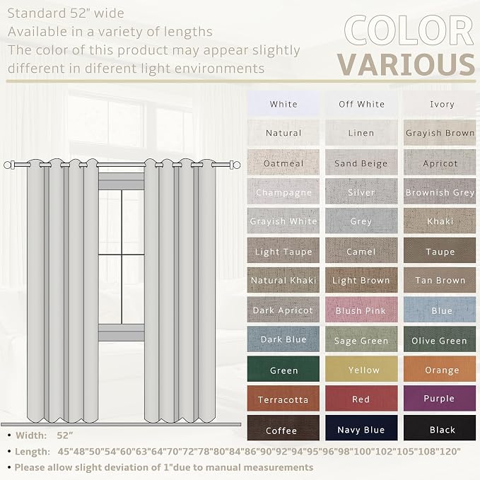 Jowels Off White Linen Blackout Curtains 90 Length 2 Panels Set for Living Room Bedroom, 100% Black Out Thermal Insulated Linen Drapes, Room Darkening Grommet Curtains 90 Inches Long, Off White