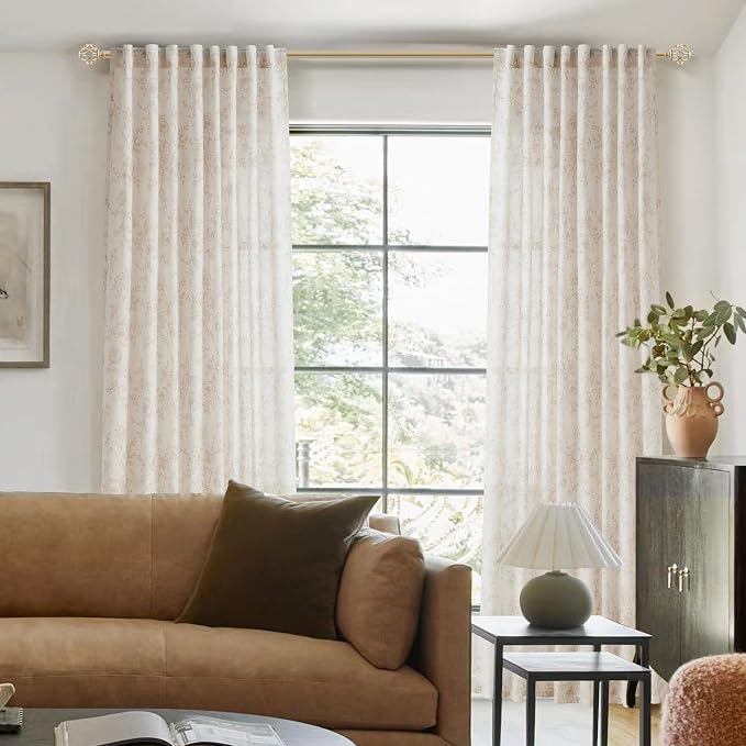 Brown Floral Curtains 102 inch Length Back Tab Farmhouser Living Room Light Filtering Curtains Brown Pattern Print on Cream White Linen Curtain Minimalist Aesthetic Sketch Style Vintage Room Decor