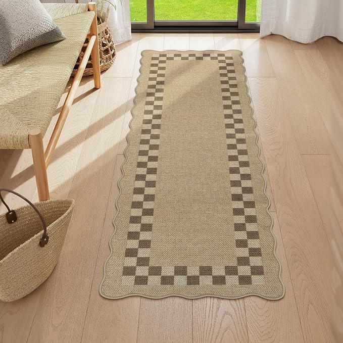 LIVEBOX Easy Jute Checkered Runner Rug for Kitchen, Scalloped Washable 2x6 Tan Rugs for Entryway, Geometric Indoor Outdoor Non Slip Rug Farmhouse Carpet Door Mat Area Rug for Porch Bedroom Hallway