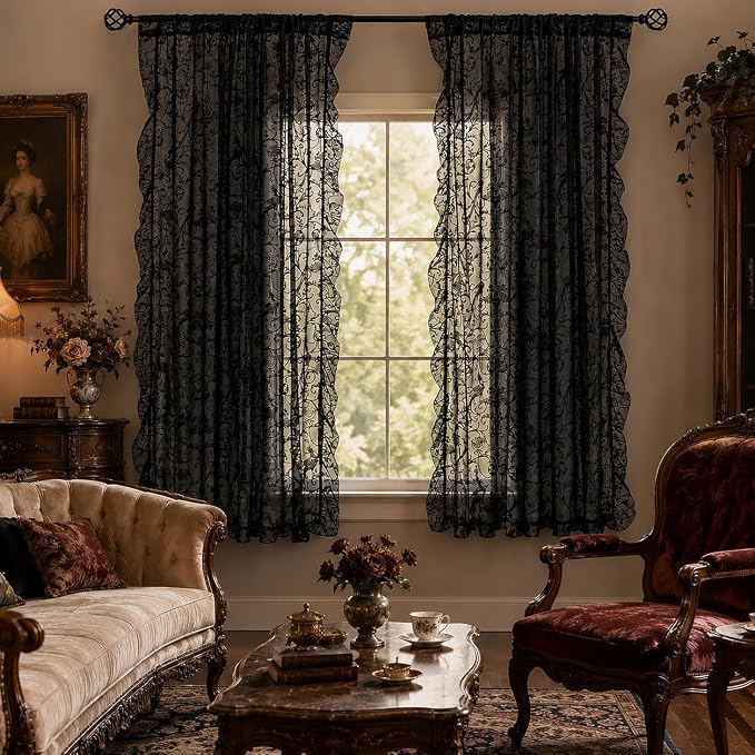 TUDECO Black Lace Curtains 63 Inch Length 2 Panels - Victorian Sheer Floral Gothic Curtains for Bedroom Whimsy Dark Academia Curtains Rod Pocket Privacy Window Treatments, 59 x 63 Inch, Black