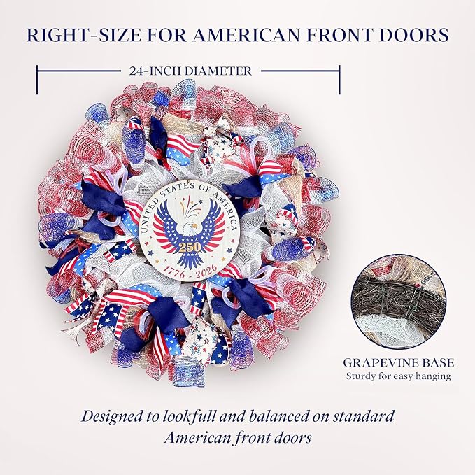 24 Inch Large Patriotic Wreaths for Front Door with Eagle Sign | Front Door Decor with Storage Bag, Veterans Day Decorations, American Wreath for Memorial Day, 4th of July, Independence Day