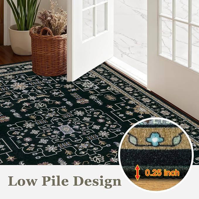 Round Area Rug for Living Room: 8 ft Washable Vintage Boho Soft Thin Circle Rug Indoor Floor No Slip Stain Resistant Carpet for Bedroom Dining Room Farmhouse Nursery Home Office -Black