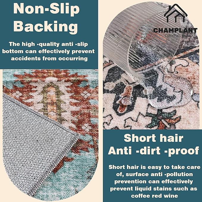 CHAMPLANT Area Rug 6'x9' Cyan Khaki Washable Vintage Traditional Floor Cover Thin Retro Kitchen Indoor Distressed Non Slip Carpet for Living Room Bedroom Dining Room