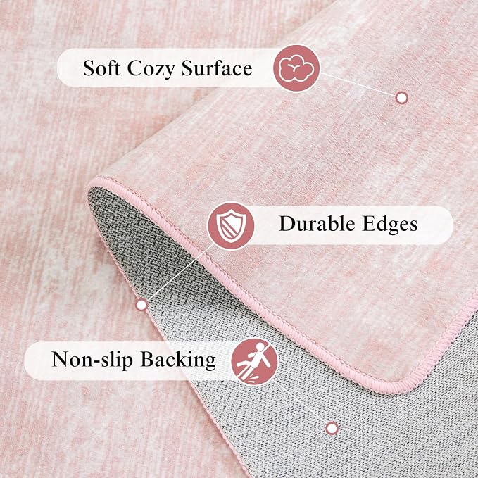 LIANLAM 10x12 Washable Rug, Pink Solid Area Rugs for Living Room & Bedroom | Stain-resistant & Non-slip backing,Low Pile Washable Large Carpet, Solid Vintage Style For High Traffic Areas(10x12,Pink)