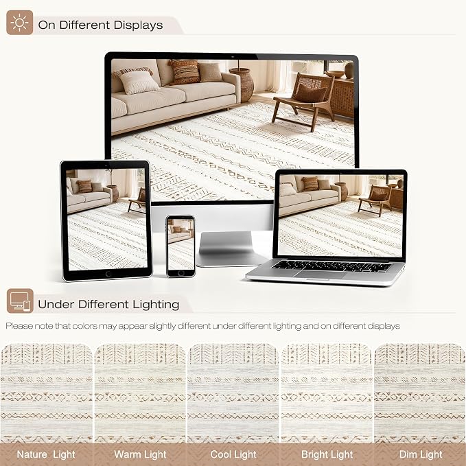 cotiled 9x12 Area Rugs Living Room Rug: Washable Boho Rugs with Non Slip Backing Large Soft Indoor Stain Resistant Carpet for Bedroom Farmhouse Dining Room Lightweight Home Decor L Brown/Cream