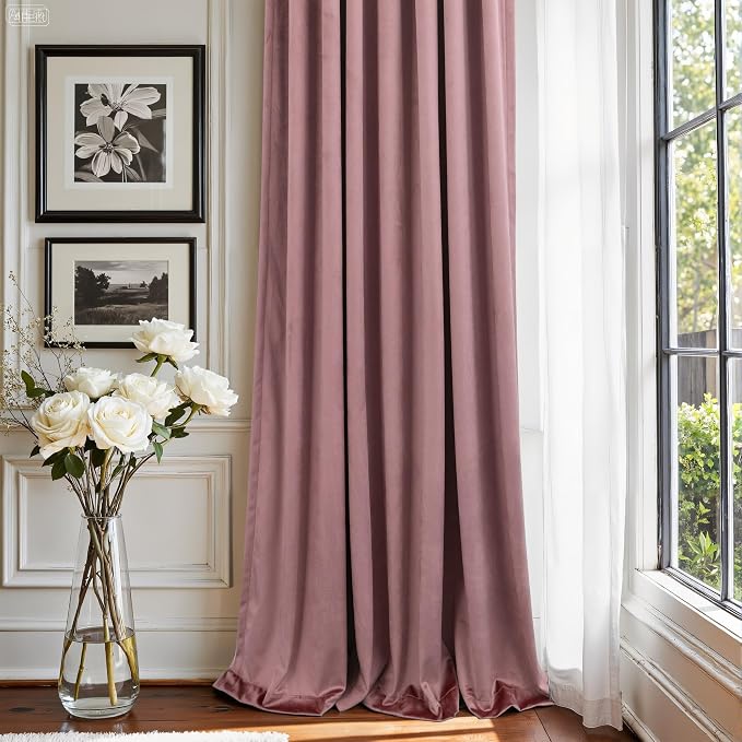 Pink Velvet Curtains 108 Inches Long 2 Panels for Living Room Vintage Retro Elegant Home Decor Light Blocking Maroon Cinnamon Dusty Rose Drape for Kids Bedroom Girls Teen Toddler High Ceiling to Floor