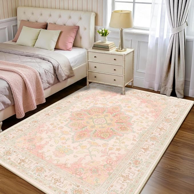 CAPALOCA Machine Washable Rugs Nursery Rug 5x7 Cute Girl Non Slip Low Pile Water Repellent Soft Print Pattern for Bedroom Indoor Decor Kids Playroom Pink Green