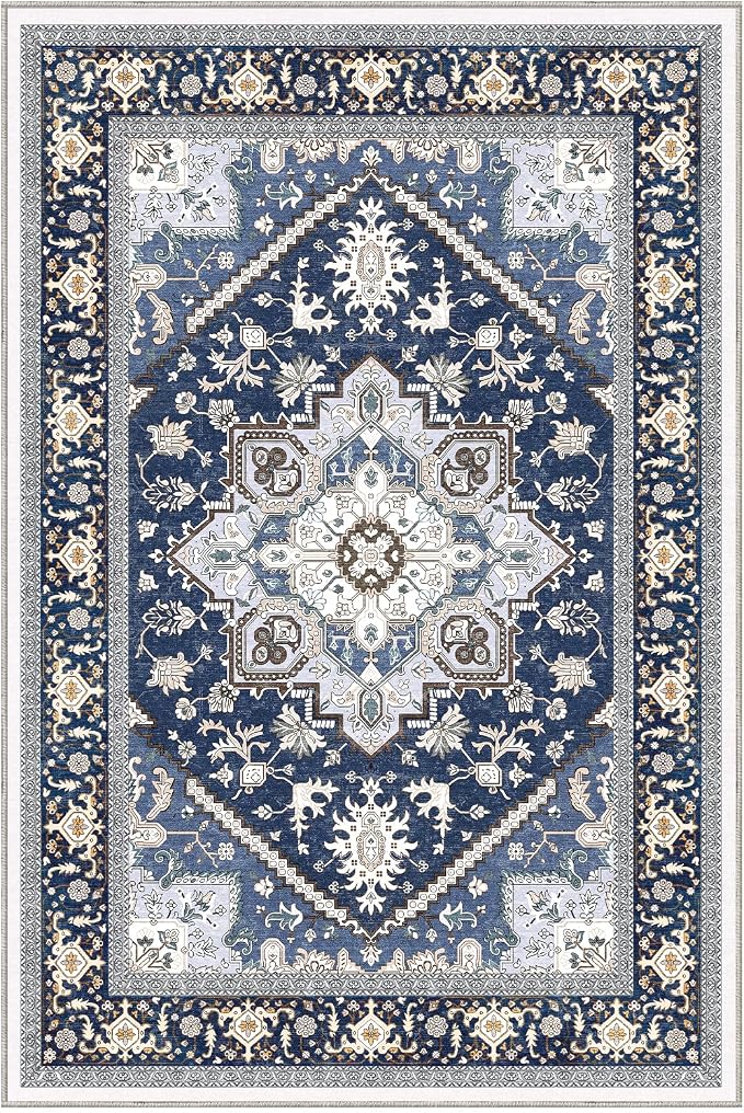 OPPODREAM Soft Throw Rugs 2x3, Small Washable Entryway Rugs 2 x 3 with Non Slip Backing, Low-Pile Faux Cashmere 2 x 3 Carpet, Navy Blue & Gold