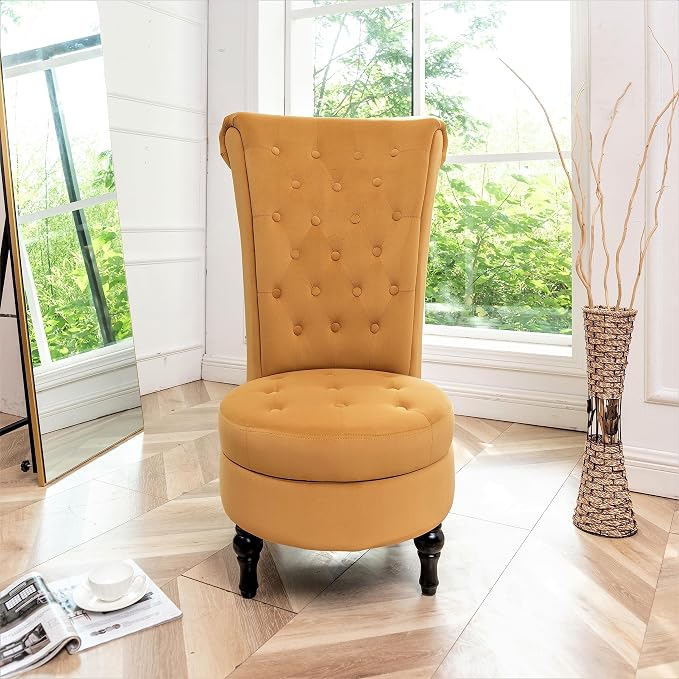 Container Furniture Direct Royal High-Back Velvet Accent Chair for Vanity with Storage and Luxurious Upholstery, Retro Design and Versatile Usage for Livingroom, Bedroom, Lounge and Office, Yellow