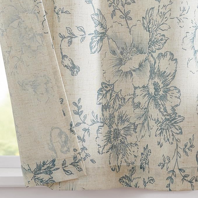 jinchan Linen Kitchen French Floral Tier Curtains 30 Inch Farmhouse Vintage Cafe Small Window Rustic Half Window Curtains for Living Room Bathroom 2 Panels Blue on Beige