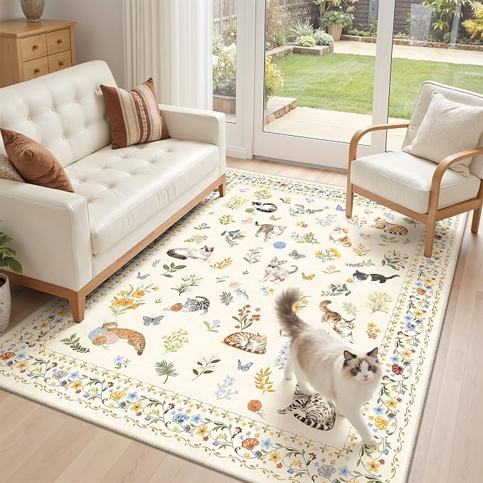 Soalmost Cat 3x5 Area Rugs for Entryway, Machine Washable Animal Floral Accent Rug Non-Slip Low Pile Soft Throw Rugs for Kitchen Bedside Living Room Bedroom Kids Room (3 x 5,Beige)