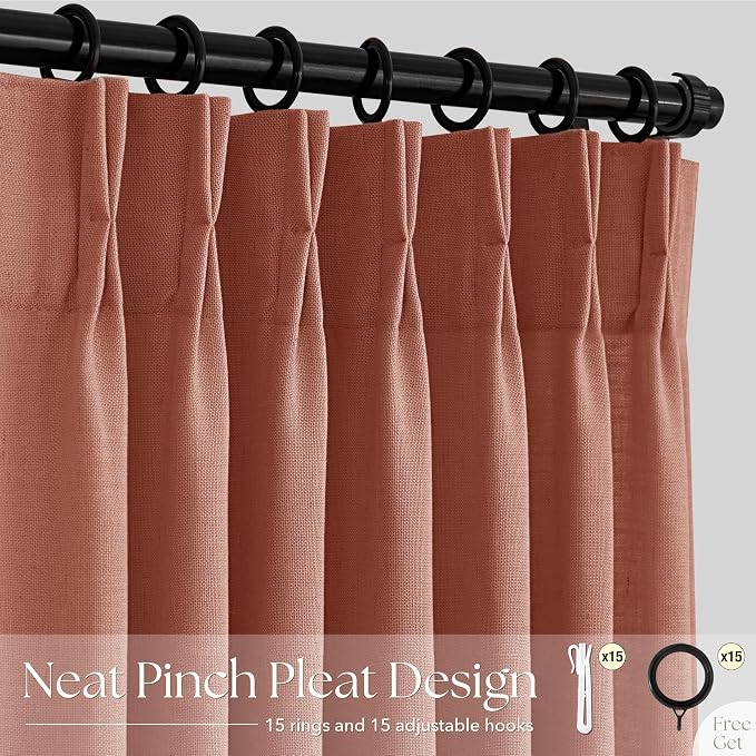 Terracotta Pinch Pleated Linen Curtains 108 Inch Length 2 Panels for Living Room Bedroom Textured Semi Sheer Drapes Pinch Pleat Rings Window Curtain 40x108
