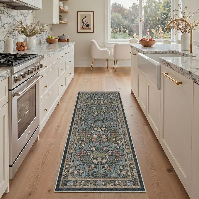 GENIMO 2x3 Washable Kitchen Rug, Non Slip Indoor Door Mat, Center Blue | Vintage Boho Floral Low Pile Entryway Mat for Bathroom, Front Door and Laundry Room