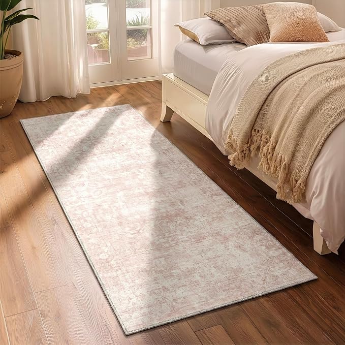 Homemate Washable Rug 2x6 Area Rugs - Vintage Faux Wool Rugs for Living Room Bedroom Dining Room - Non Slip Foldable Carpet Indoor Area Rug for Home Decor(2'x6', Pink