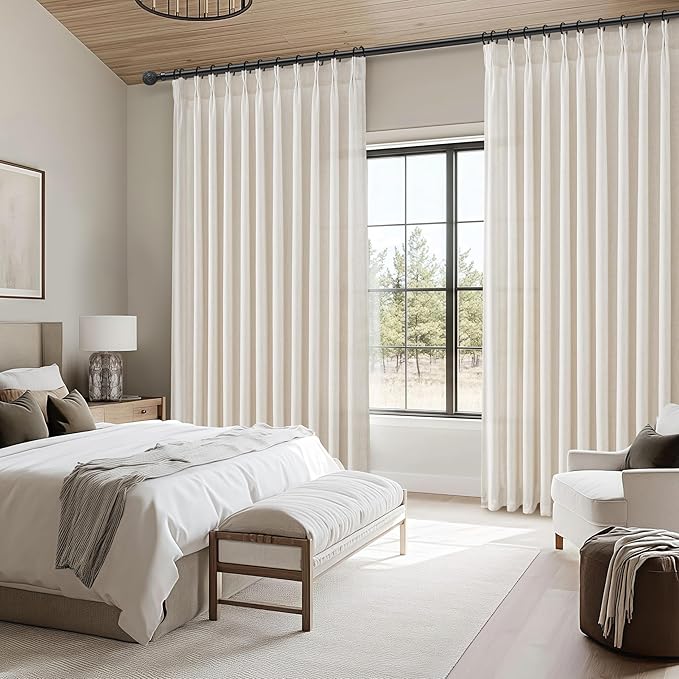 Extra Wide 100 Inch Ivory Beige Light Filtering Living Room Curtains 108 Inches Long, Memory Trained Pleated Natural Linen Blend Privacy Semi Sheer Farmhouse Windows Drapes Large Curtain 2 Panels Set