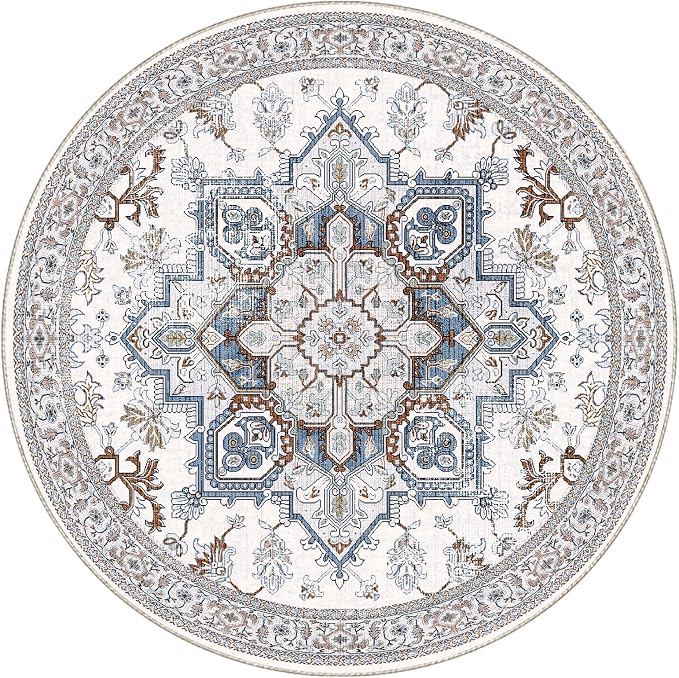 OPPODREAM Soft Round Rug 6ft, Neutral Washable Circle Rug 6ft with Non Slip Backing Play Room, Low-Pile Carpet 6 ft, Faux Cashmere Throw Carpet, Cream White & Blue & Light Brown