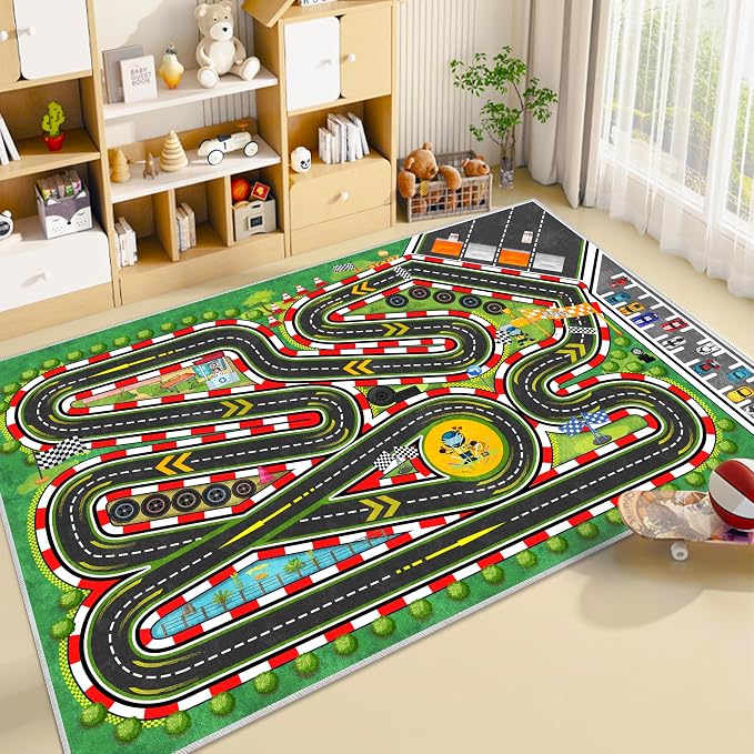 Kids Racing Rug 31''x47'' Car Road Kid Rug Carpet Playmat for Playoom Traffic Road Kid Play Mat for Bedroom,Kids Educational City Traffic Road map Fun Carpet (Green)