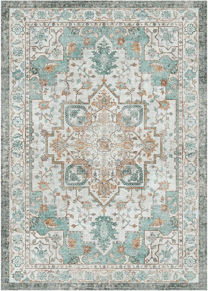 GENIMO 9x12 Area Rugs for Living Room, Machine Washable Non Slip Vintage Rugs, Low Pile Lightweight Print Rug for Bedroom, Dining Room, Home Office, Cyan