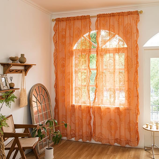 Sutuo Home Lace Curtains for Bedroom Living Room 90 Inches Long 2 Panels, Boho Sheer Rose Floral Embroidery Ruffled Vintage Window Treatment Pair Halloween Decor, Rod Pocket, W57 x L90,Burnt Orange