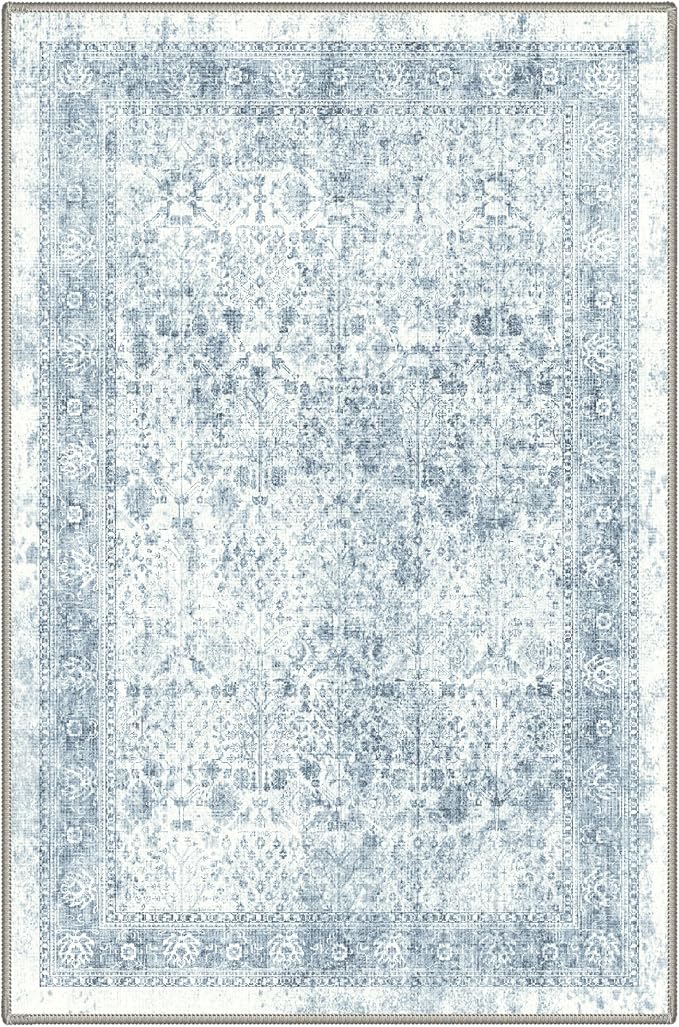 Bavni 2x3 Doormat, Machine Washable Runner Rug Non Slip, Vintage Floral Print Style Rugs for Entrance-Lightweight Low Pile Carpet for Hallways Kitchen and Corridor, Blue
