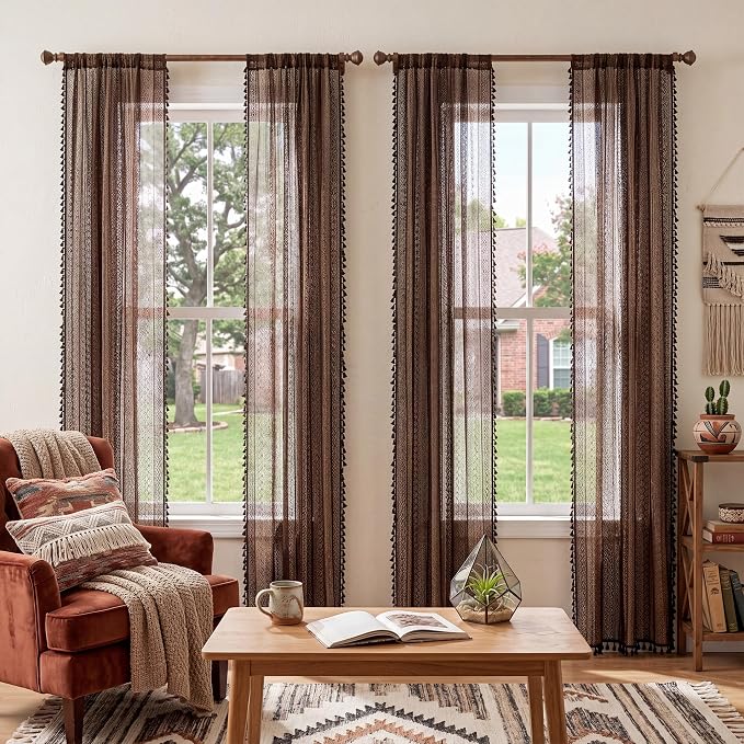 WAZZIO Boho Lace Curtains 84 Inches 2 Panel,Light Filtering Privacy Tassel & Geometry Crochet Semi Sheer Curtain Drapes for Bedroom Living Dining Room,Rod Pocket & Tassel,Chocolate Brown