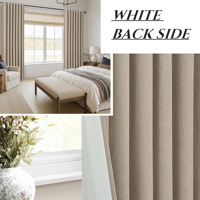 QJmydeco Black Out 96 Inch Long Boho Curtains 2 Panel Set, Farmhouse Curtains for Living Room Darkening/Thermal/Noise Reduction Textured Flax Linen Drape 8ft Hook&Ring Included GreyBeige 50"x96"