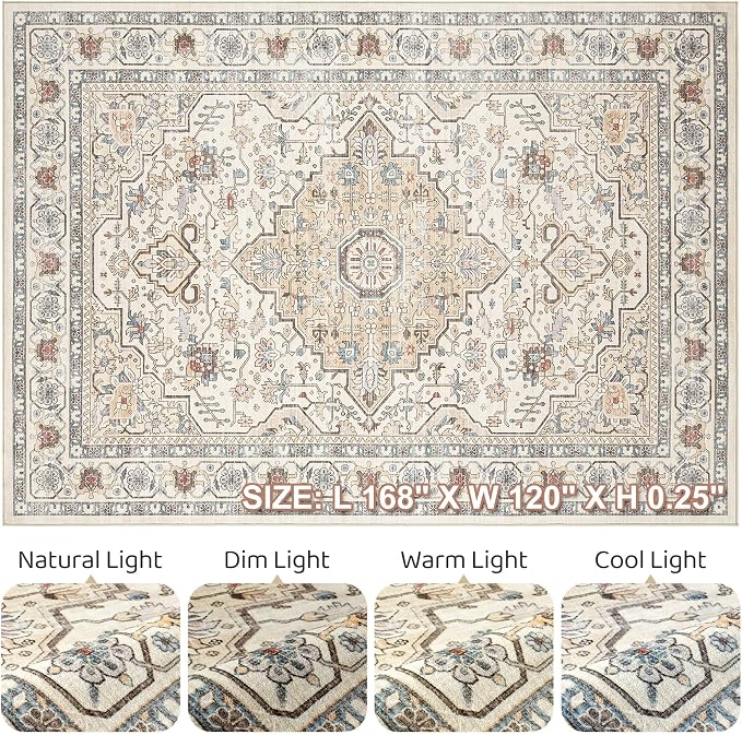 10x14 Area Rugs Living Room: Washable Boho Large Neutral Vintage Soft Rug Stain Resistant Farmhouse Non Slip Indoor Floor Carpet for Bedroom Nursery Kids Playroom Office Dining Room- Cream Blue