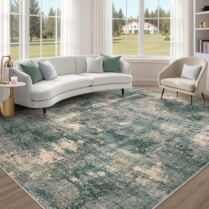 Abstract 6x9 Area Rug: Machine Washable Non Slip Ultra Thin Low-Pile Carpet, Soft Stain Resistant for Living Room Bedroom Nursery, Kid Pet Friendly, Robot Vacuum Compatible - Dark Green/Beige