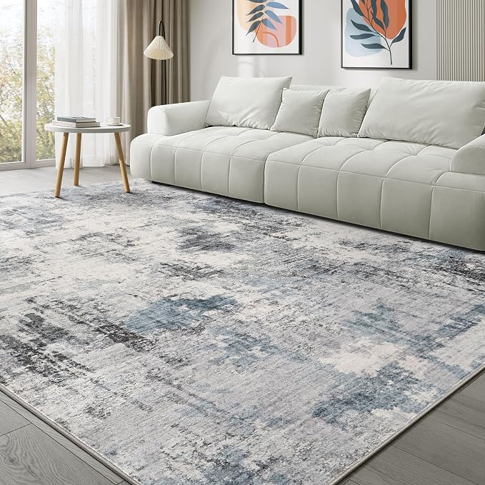 Abstract 12x18 Area Rug: Machine Washable Non Slip Ultra Thin Low-Pile Carpet, Soft Stain Resistant for Living Room Bedroom Office, Kid Pet Friendly, Robot Vacuum Compatible - Grey Blue