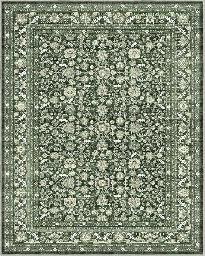 OPPODREAM Low-Pile Area Rugs, Faux Wool Carpet for Living Room, Kitchen, Office, Dorm, Bedroom, Vintage Washable Rug Non Slip, Dark Green, 8'x10'