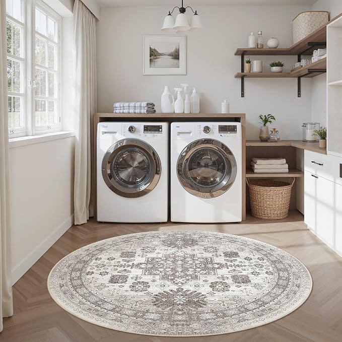 zesthome Washable Round Area Rugs - Non-Slip 6ft Round Rugs, Ultra-Thin Large Circle Rugs for Living Room, Soft Low Pile Rug for Bedroom, Kitchen, Nursery - Vintage Round Rug(Brown/Beige,6'x6')