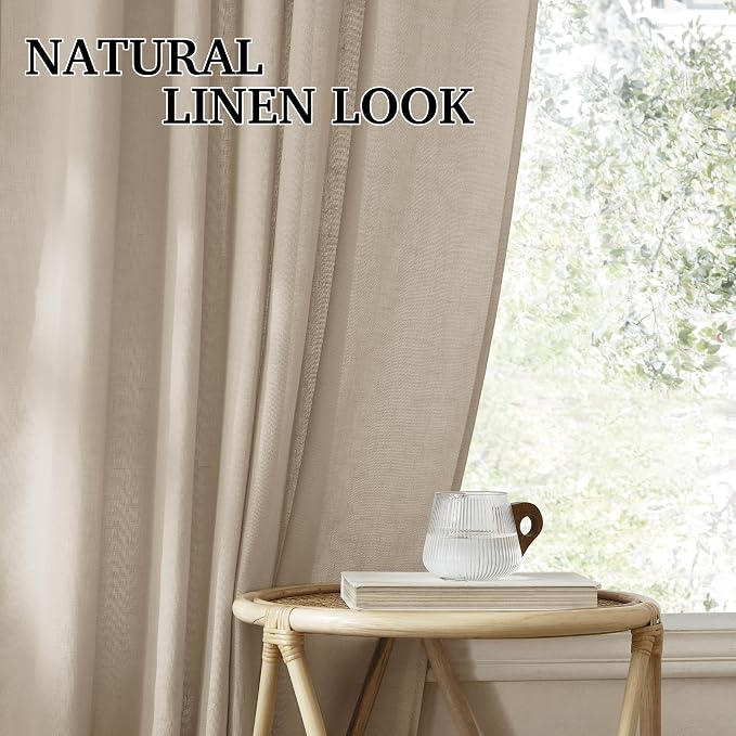 RYB HOME Back Tab Taupe Linen Curtains for Farmhouse, Boho Rustic Sheer Decoration for Dining Room Nursery Bay Window, Taupe, W 52 x L 108 inches, 2 Panels Set