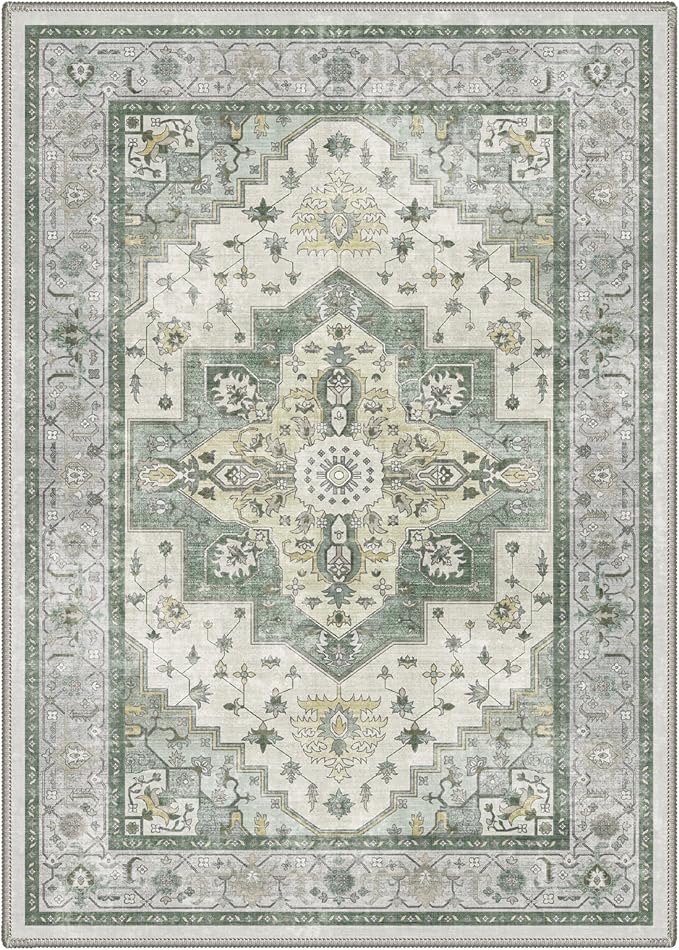 GENIMO 5x7 Area Rugs for Living Room, Machine Washable Non Slip Vintage Rugs, Low Pile Lightweight Chenille Print Rug for Bedroom, Dining Room, Home Office, Sage Green