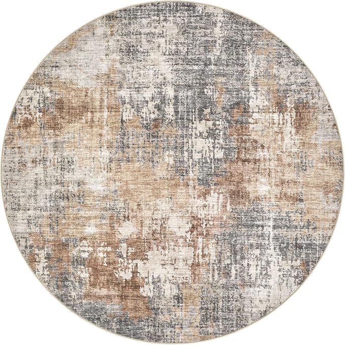 DMOYEST 10ft Round Area Rug Living Room Rugs - 10x10 Washable Circle Rug Large Soft Indoor Neutral Modern Abstract Low Pile Carpet for Bedroom Dining Room Farmhouse Home Office - Grey Brown