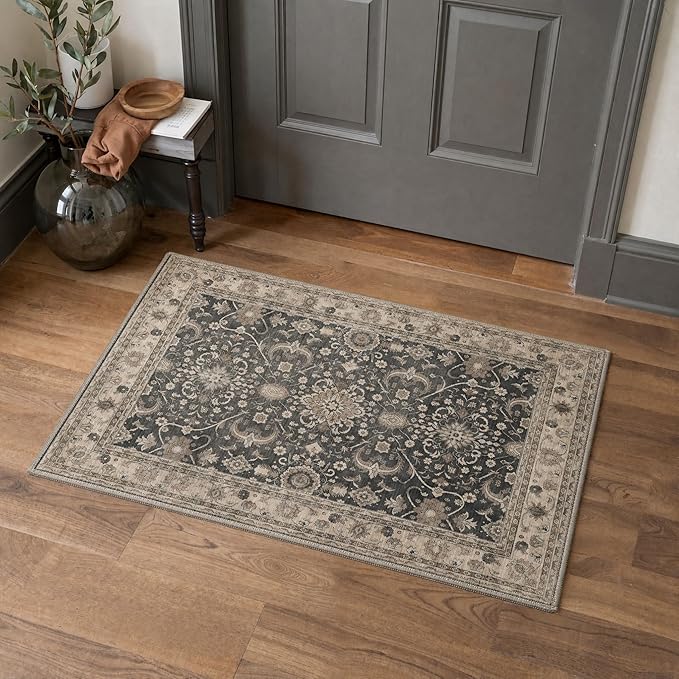 Bavni 2x5 Rug Runners for Hallways, Washable Runner Rug Non Slip, Vintage Floral Oriental Floral Rugs for Bedroom, Lightweight Low Pile Carpet for Hallways Bathroom, Dusty Taupe