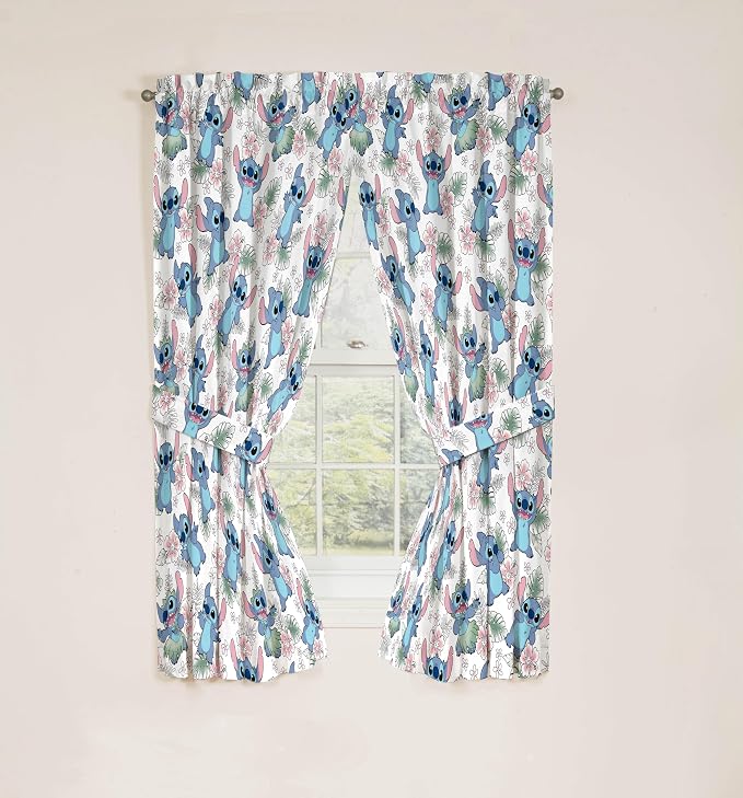Jay Franco Window Curtains for Kids Bedroom 4-Piece Drape Set with 2 Tiebacks, Multi - Lilo & Stitch, 42" W x 63" L (Pack of 2)
