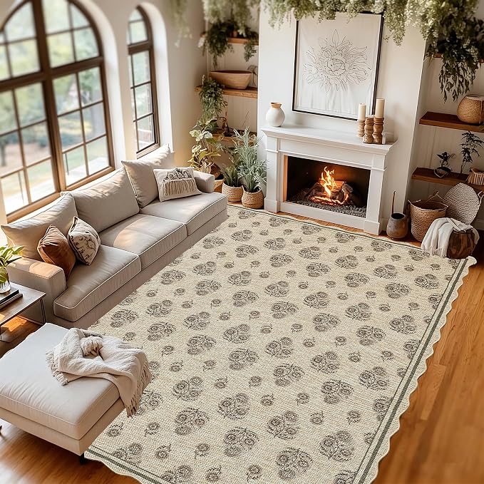 ORTIGIA Scalloped Easy Jute 5x7 Area Rug Vintage Brown Floral Accent Farmhouse Washable Rug Non-Slip Indoor Outdoor Carpet for Living Room Bedroom Patio Entryway