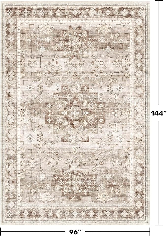 Beige Boho Rug for Living Room 8x12 - Washable Dining Room Rugs for Under Table, Vintage Soft Low Pile Carpet for Bedroom, Non-Slip Farmhouse Bohemian Large Thin Carpet for High Traffic Area