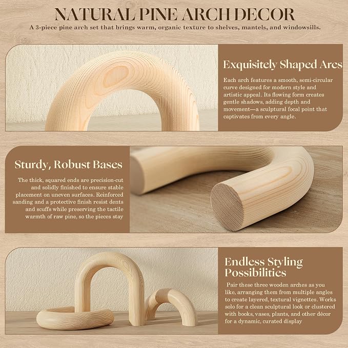 EOSAHR Pine Wood Arch Decor Set for Shelf Decor - Wood Sculpture for Coffee Table, Side Table & Console - Boho Decorative Objects for Office & Shelf Decorations (Natural Wood)