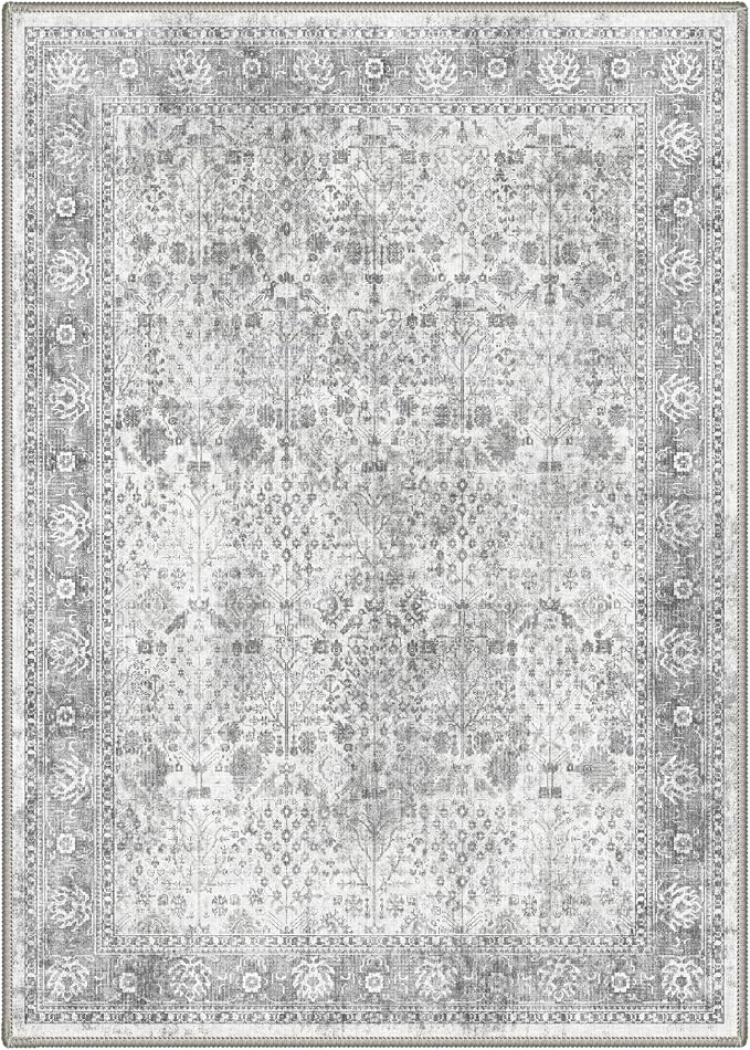 Bavni Washable Rugs 8x10 Machine Washable Rug Lightweight Low Pile, Vintage Floral Rug Non-Shedding Distressed Throw Carpet for Living Room Bedroom Office, Grey