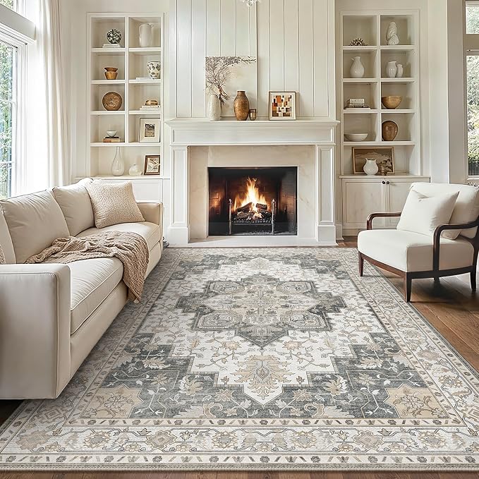 GENIMO 5FT Round Area Rugs for Living Room, Circle Rugs Machine Washable Low Pile, Non Slip Vintage Rug for Bedroom, Dining Room, Home Office, Heathered Grey