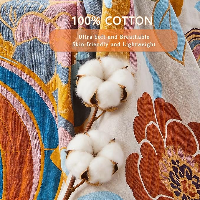 Boho Blanket Soft Muslin BohoThrow Blanket, 100% Cotton Floral Printed Farmhouse Decor All Season Reversible Rustic Throw for Sofa Couch Chair (60"x80")