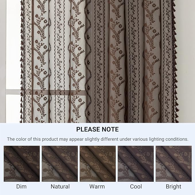 WAZZIO Boho Lace Curtains 2 Panels 63 Inch -Victorian Sheer Panel Drape French Country Floral Pattern & Tassel Light Filtering Privacy for Bedroom Dining Living Room,Rustic Style,Brown,W52x L63