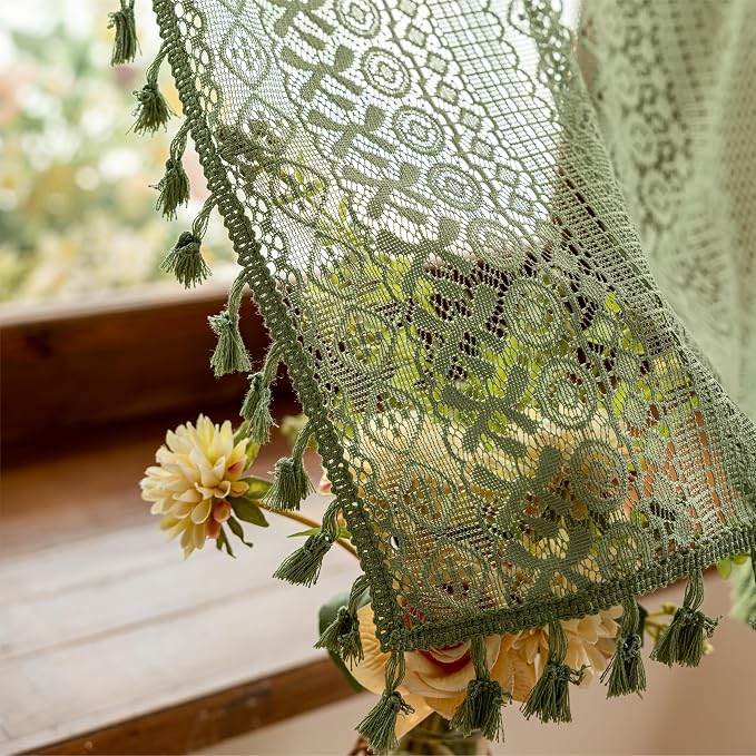 Sutuo Home Boho Closet Curtains for Kitchen Window Over Sink, French Country Lace Sheer Privacy Vintage Chic Tassels Cottage Bohemian Style Rustic Rod Pocket Decor, 50" x 36" Olive Green 2 Panels