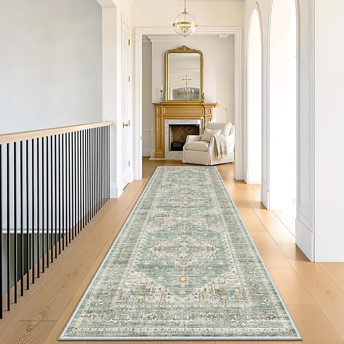 befbee Washable Hallway Runner Rugs 2.5 x 8, Non-Slip Low-Pile Soft Kitchen Rug Runner Laundry Room Rug, Vintage Throw Mat for Entrance Living Room (2'6''x8,Green)