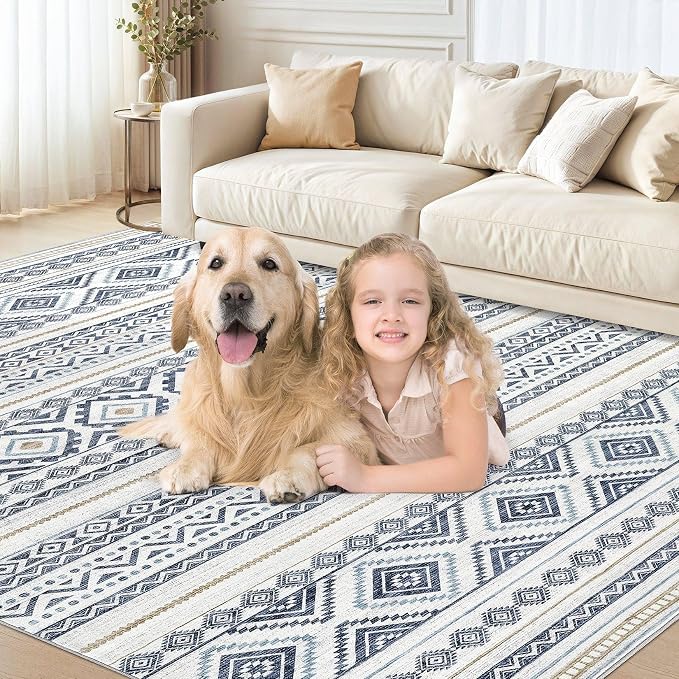 cotiled 5x8 Area Rugs Living Room Rug: Washable Boho Rugs with Non Slip Backing Large Soft Indoor Stain Resistant Carpet for Bedroom Farmhouse Dining Room Lightweight Home Decor Blue