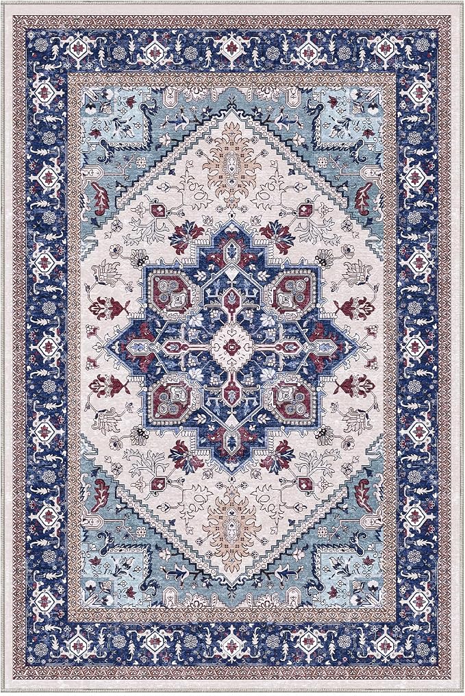 OPPODREAM Soft Throw Rugs 2x3, Small Washable Entryway Rugs 2 x 3 with Non Slip Backing, Low-Pile Faux Cashmere 2 x 3 Carpet, Navy Blue & Red & Cream