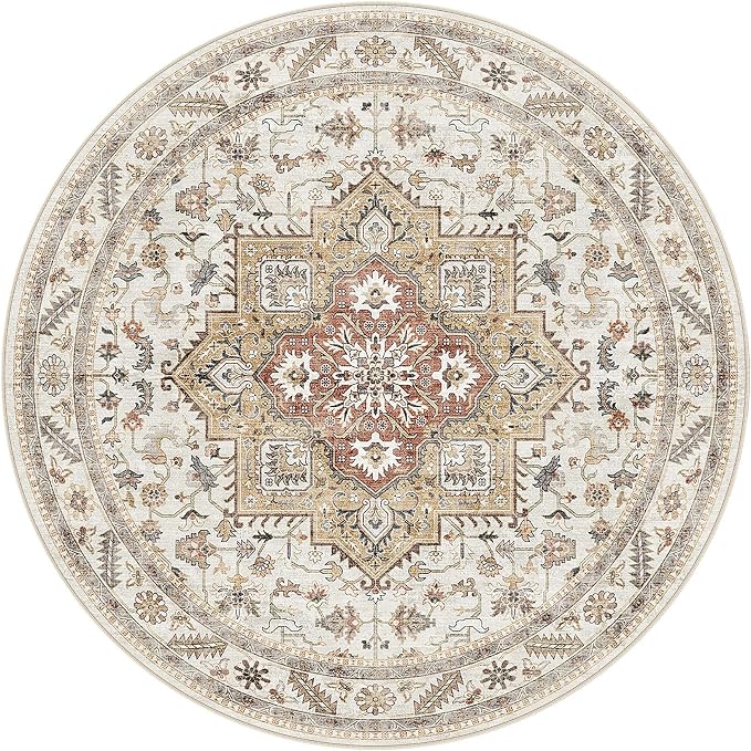 5ft Round Vintage Living Room Area Rug - 5x5 Large Soft Washable Oriental Traditional Distressed Farmhouse Rugs for Bedroom - Indoor Floor Accent Carpet for Home Office House Decor - Golden Taupe